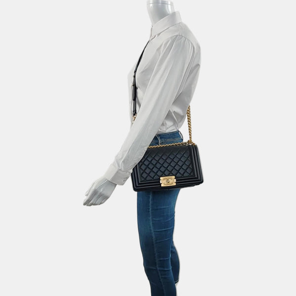 Authenticated pre-owned BOY CHANEL Medium Quilted Grained Calfskin Black - Shoulder Bag at Looply