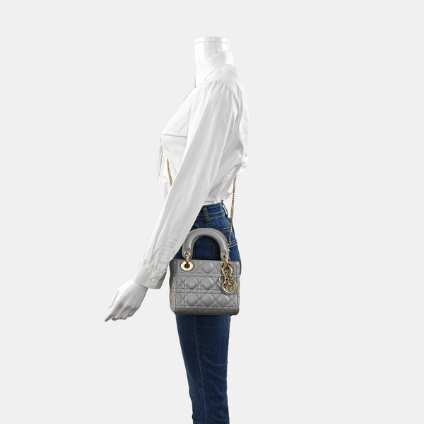 Authenticated pre-owned Lady Dior Mini Cannage Lambskin Gray - Tote Bag at Looply