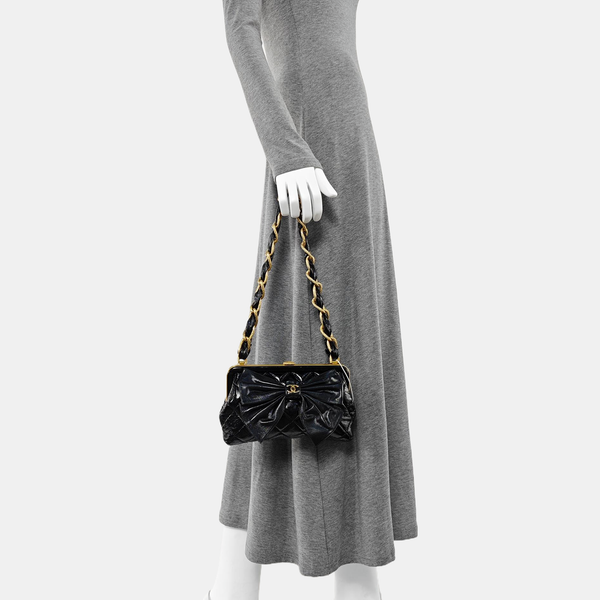 Quilted Patent Leather Top Handle Bag Small Black