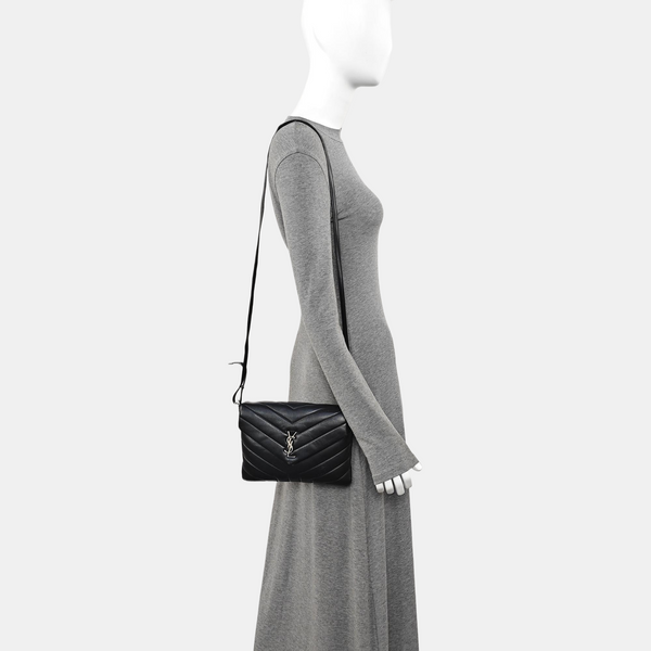 Chevron Calfskin Shoulder Bag Black