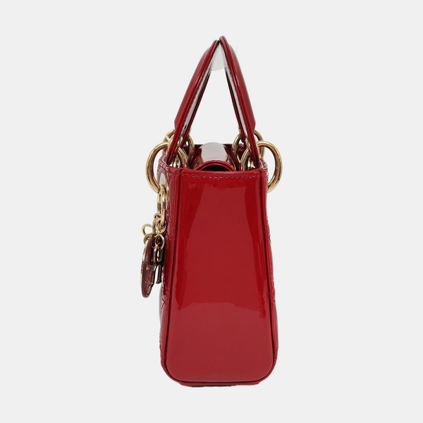 Authenticated pre-owned Lady Dior Mini Quilted Patent Calfskin Red - Tote Bag at Looply