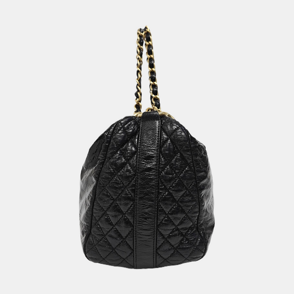 Quilted Patent Leather Top Handle Bag Black