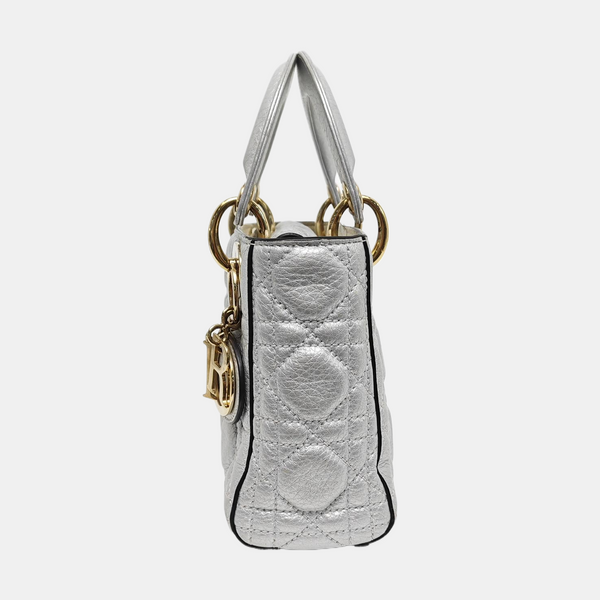Authenticated pre-owned Lady Dior Mini Cannage Lambskin Silver - Tote Bag at Looply