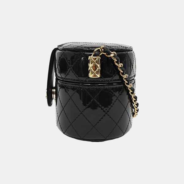 Round Vanity Quilted Patent Leather Black