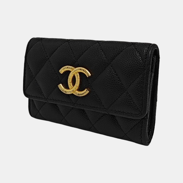 Quilted Grained Calfskin Card Holder Black