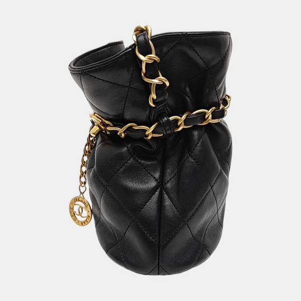 Quilted Lambskin Bucket Bag Small Black