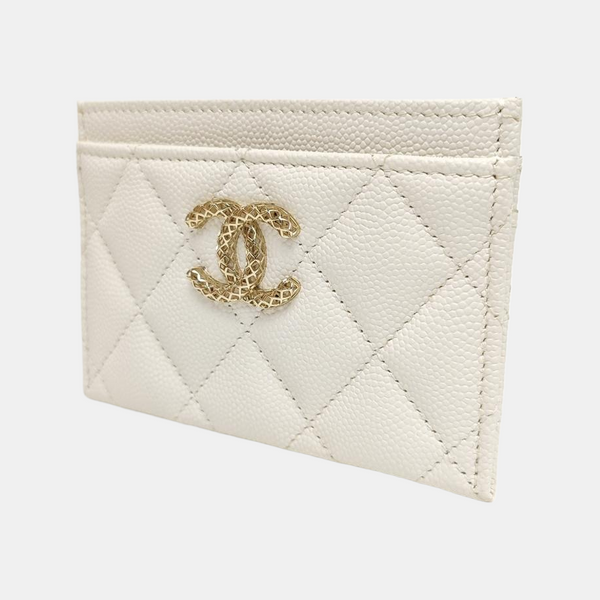 CHANEL 19 Small Quilted Grained Calfskin White Card Holder