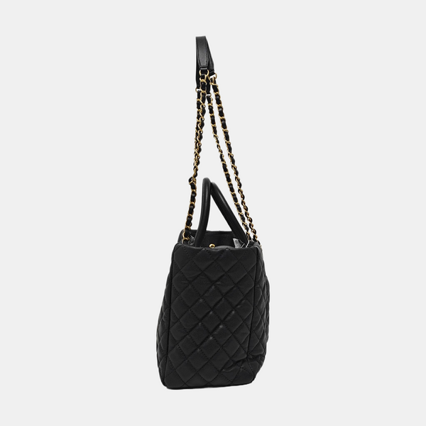 Quilted Grained Calfskin Tote Bag Black