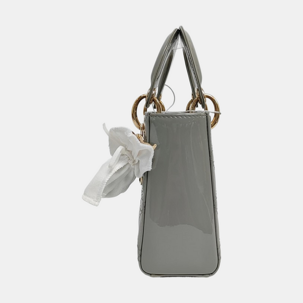 Authenticated pre-owned Lady Dior Mini Quilted Patent Leather Gray - Tote Bag at Looply