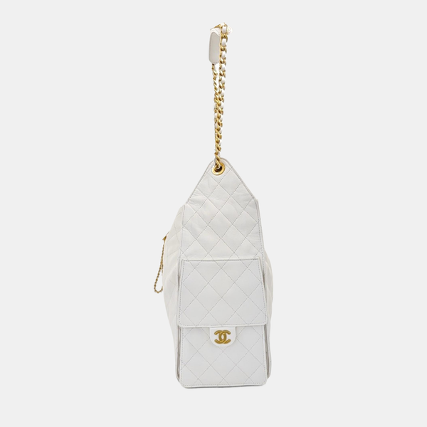 CHANEL 25 Medium Quilted Grained Calfskin White