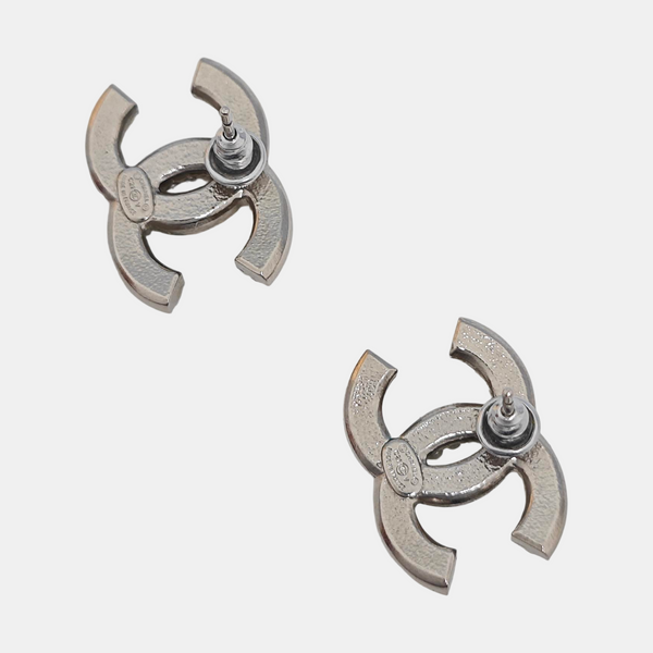 CC Logo Metal Silver Stud Earrings