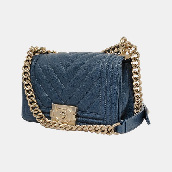 BOY CHANEL Small Chevron, Quilted Grained Calfskin Blue
