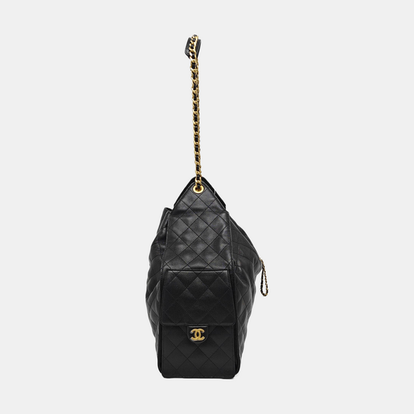CHANEL 25 Large Quilted Grained Calfskin Black