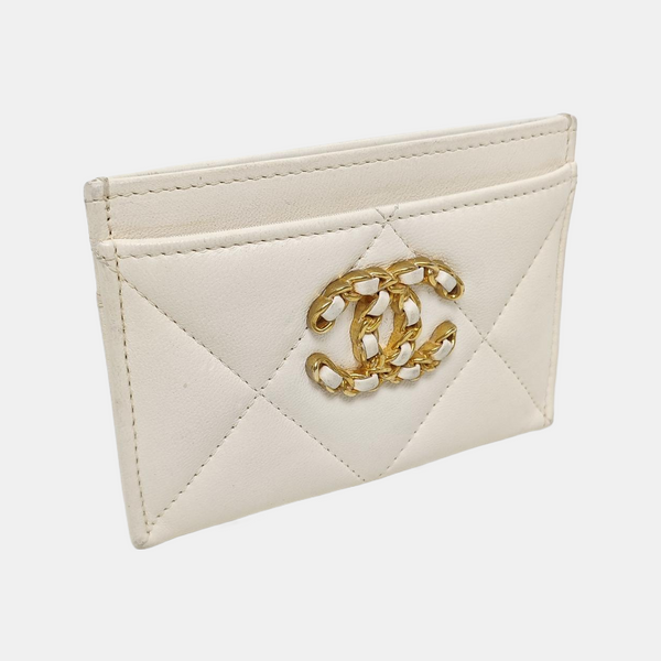 Authenticated pre-owned CHANEL 19 Quilted Lambskin White Card Holder - Card Holder at Looply