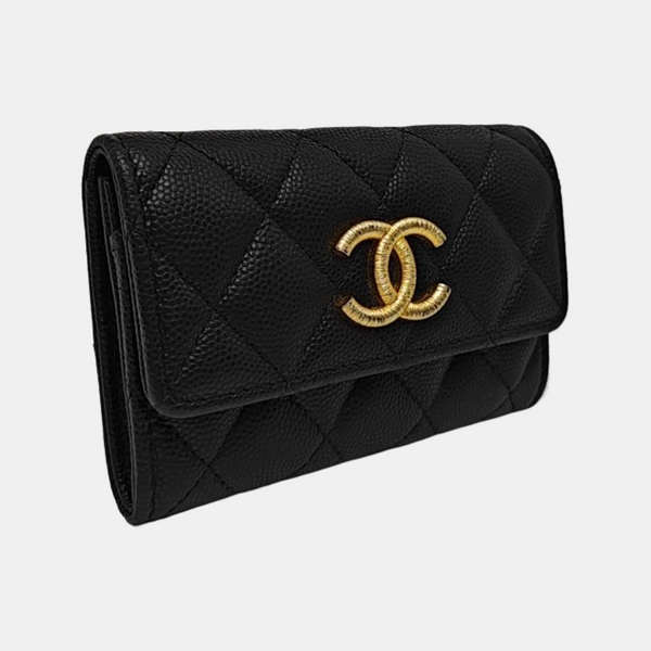 Quilted Grained Calfskin Card Holder Black