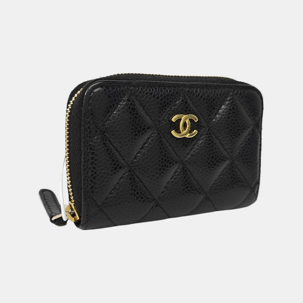 Quilted Grained Calfskin Card Holder Black