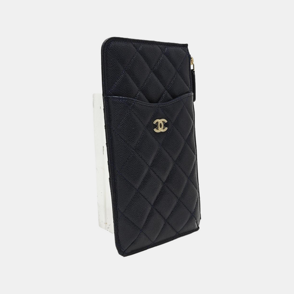 Quilted Grained Calfskin Card Holder Blue