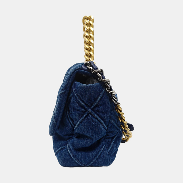 CHANEL 19 Large Quilted Denim Blue