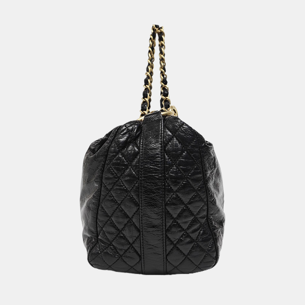 Quilted Patent Leather Top Handle Bag Black