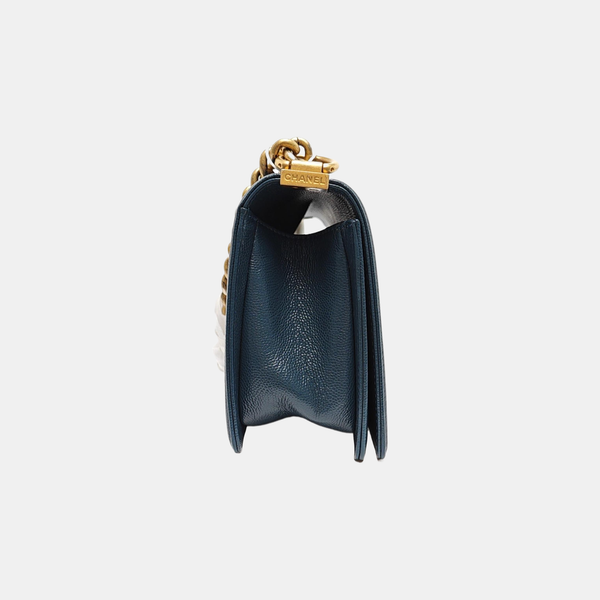 Authenticated pre-owned BOY CHANEL Medium Chevron, Quilted Grained Calfskin Blue - Shoulder Bag at Looply