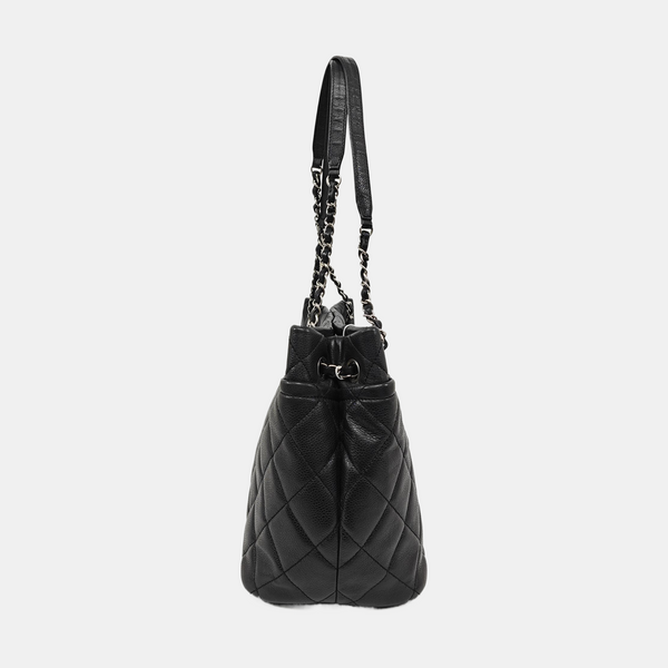 Quilted Grained Calfskin Tote Bag Black