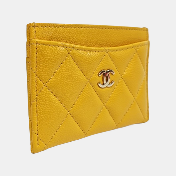 Quilted Grained Calfskin Card Holder Yellow