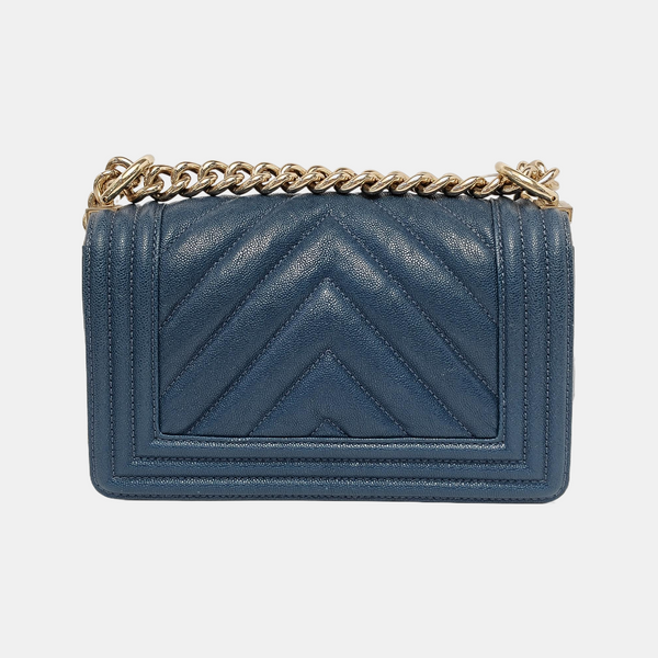 BOY CHANEL Small Chevron, Quilted Grained Calfskin Blue