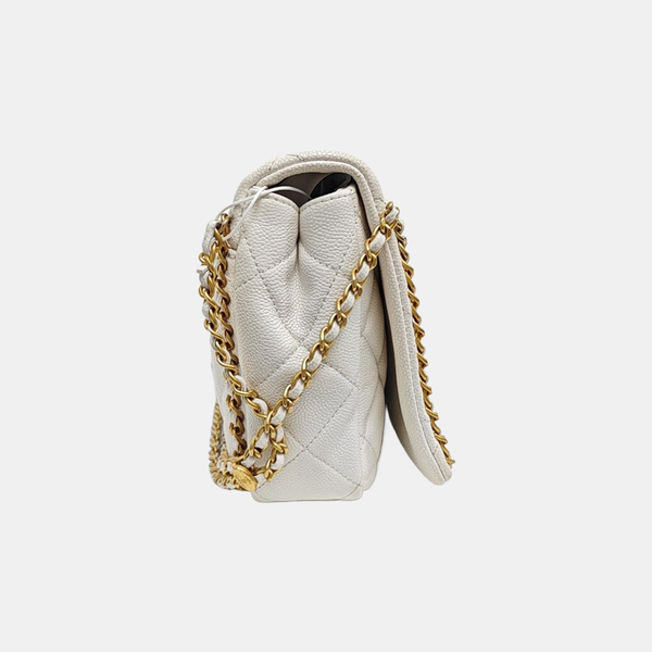 Quilted Grained Calfskin Shoulder Bag Large White