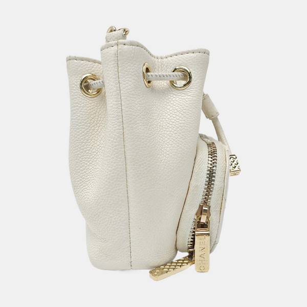 Quilted Grained Calfskin Bucket Bag Mini White