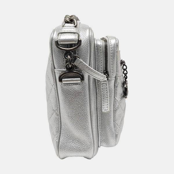 Quilted Grained Calfskin Shoulder Bag Silver