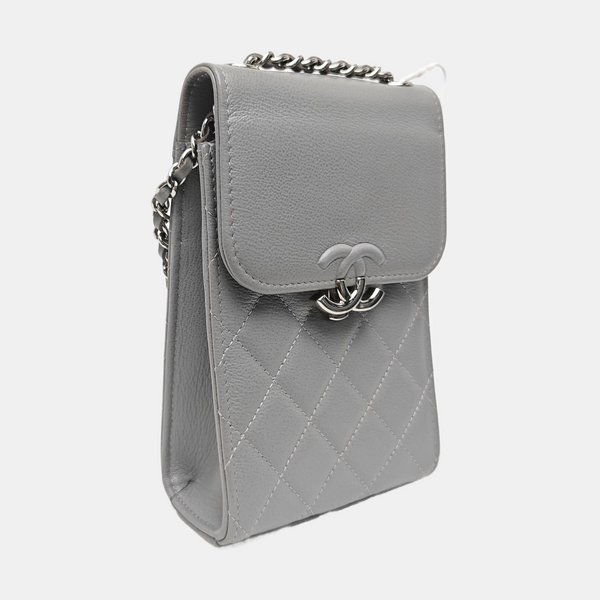 Quilted Grained Calfskin Shoulder Bag Gray