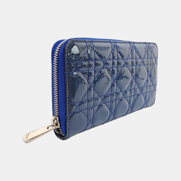 Lady Dior Small Cannage Patent Leather Blue Wallet