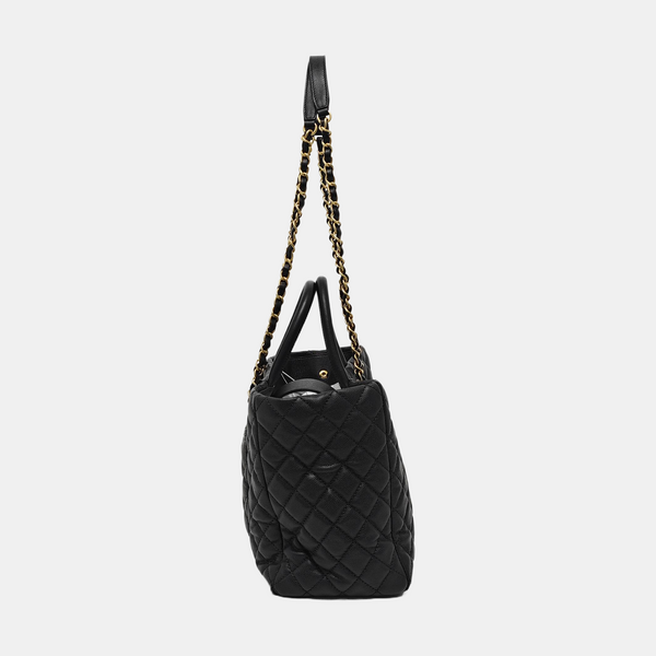 Quilted Grained Calfskin Tote Bag Black