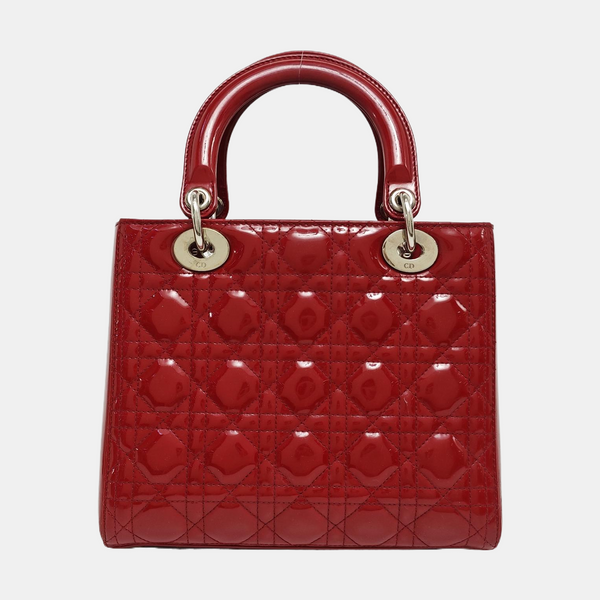 Bolso Lady Dior Mediano de Piel Patentada Acolchada Roja