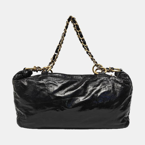 Quilted Patent Leather Top Handle Bag Black