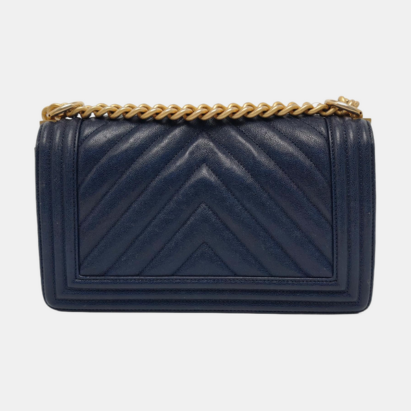 Authenticated pre-owned BOY CHANEL Chevron, Quilted Grained Calfskin Blue - Crossbody Bag at Looply