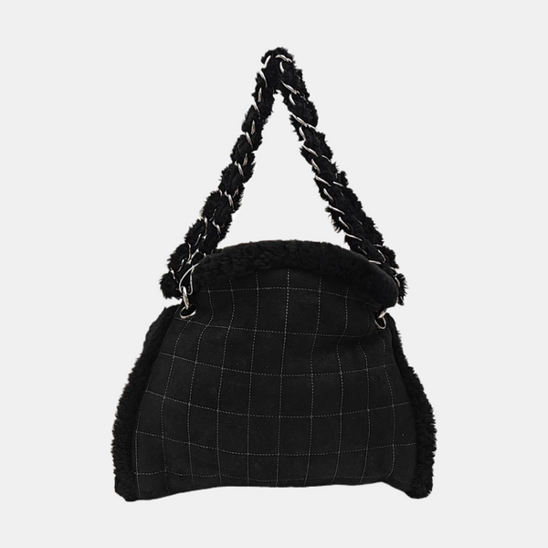 Quilted Fabric Top Handle Bag Black