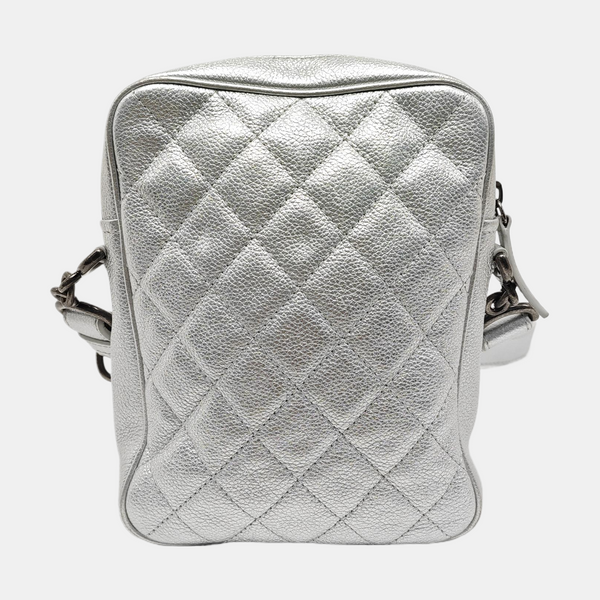 Quilted Grained Calfskin Shoulder Bag Silver