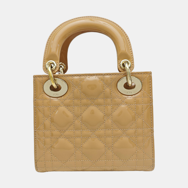 Lady Dior Mini Cannage Patent Leather Beige