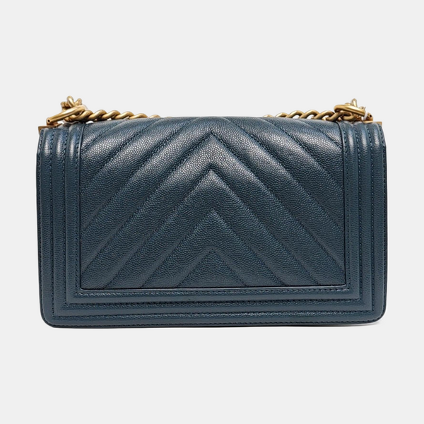Authenticated pre-owned BOY CHANEL Medium Chevron, Quilted Grained Calfskin Blue - Shoulder Bag at Looply