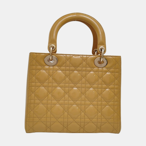 Authenticated pre-owned Lady Dior Medium Quilted Patent Leather Beige - Top Handle Bag at Looply