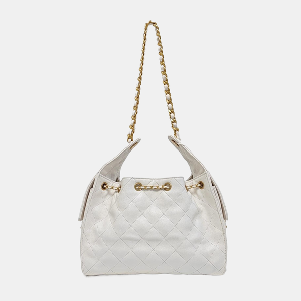CHANEL 25 Small Quilted Grained Calfskin White