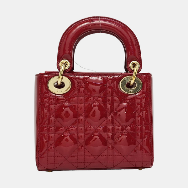 Authenticated pre-owned Lady Dior Mini Quilted Patent Calfskin Red - Tote Bag at Looply
