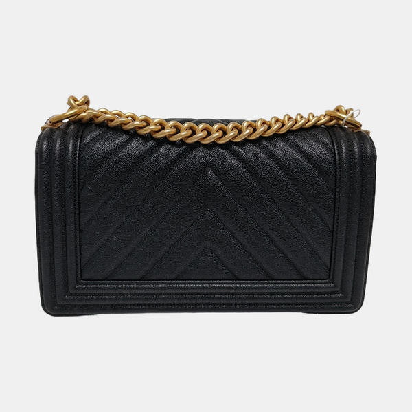 Authenticated pre-owned BOY CHANEL Medium Chevron, Quilted Grained Calfskin Black - Shoulder Bag at Looply