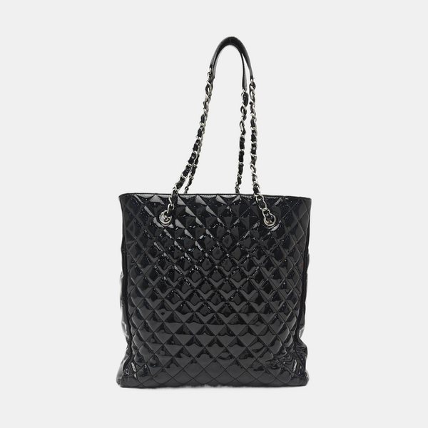 Quilted Patent Leather Tote Bag Black