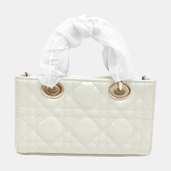 Lady D-Joy Super Mini Cannage Patent Leather White