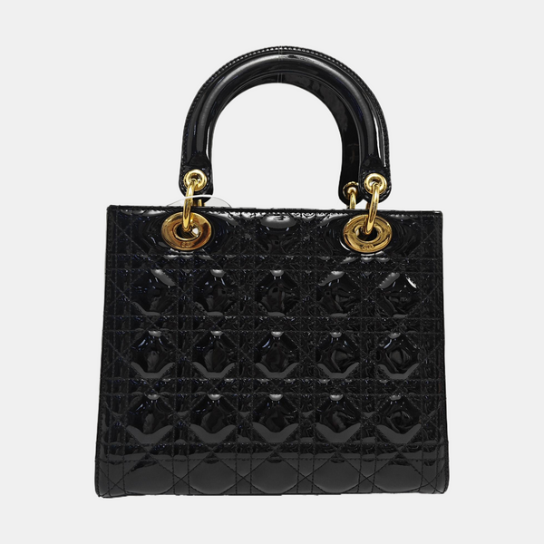 Authenticated pre-owned Lady Dior Medium Quilted Patent Leather Black - Tote Bag at Looply