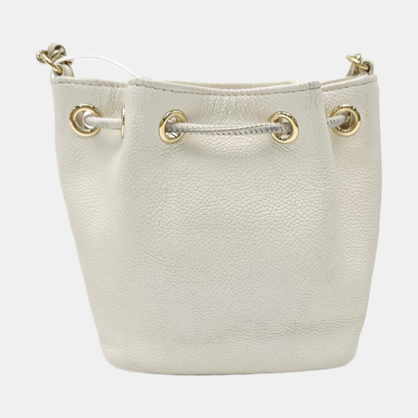 Quilted Grained Calfskin Bucket Bag Mini White