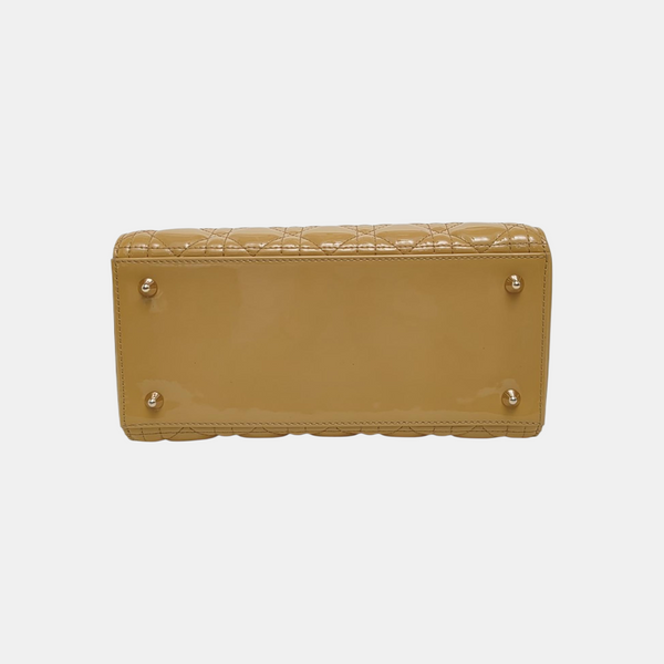 Authenticated pre-owned Lady Dior Medium Quilted Patent Leather Beige - Top Handle Bag at Looply
