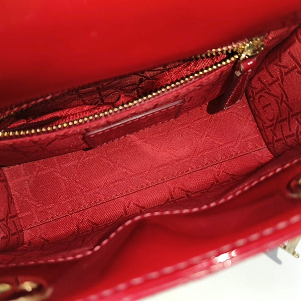 Authenticated pre-owned Lady Dior Mini Quilted Patent Leather Red - Tote Bag at Looply